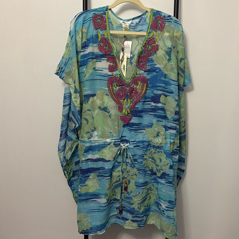 Lucky &Coco Kaftan Dress Cover Up Green Blue Embellished Swimwear Size XL New